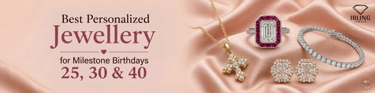 Personalized jewellery gift ideas featuring a diamond cross necklace yellow gold, ruby emerald cut engagement ring, diamond cluster stud earring, and round diamond tennis bracelet for 25th, 30th, 40th birthdays.