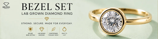 Round bezel engagement ring yellow gold with a secure setting for everyday wear.