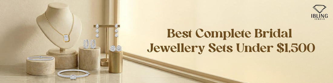 Lab grown diamond bridal jewelry set under $1500 featuring emerald diamond pendant necklace, tennis bracelets, pear drop earrings, round hoop earrings and diamond stud earrings.