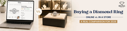 Buying diamond ring online vs in store comparison featuring round halo engagement ring online and in jewelry showroom display.
