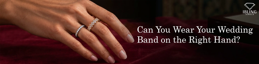 Women wear oval diamond eternity band on middle finger and round diamond wedding band on ring finger of right hand. 