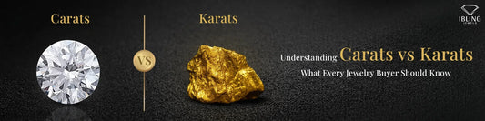 Comparison of diamond carats and gold karats showing a round brilliant diamond and a gold nugget.