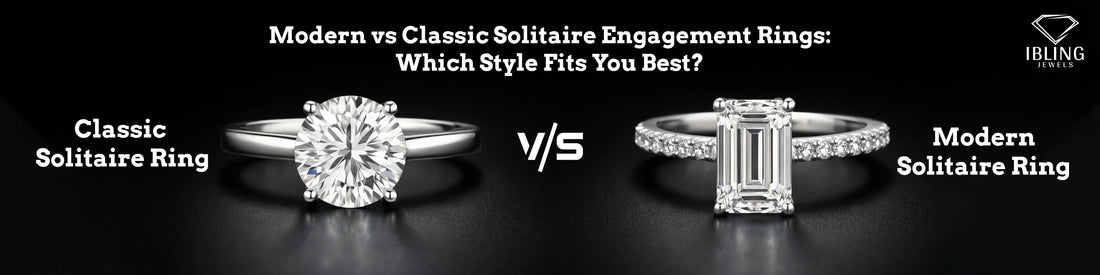 iBling Jewels classic round cut solitaire engagement ring vs modern emerald cut diamond ring.