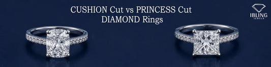 Cushion and Princess cut diamond rings comparison, with Ibling Jewels showcasing two classic engagement ring designs.