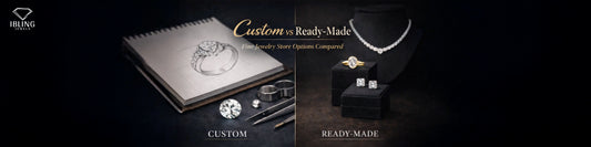Custom vs ready-made diamond jewelry comparison featuring engagement ring sketch, loose diamond, and finished necklace, ring and stud earrings
