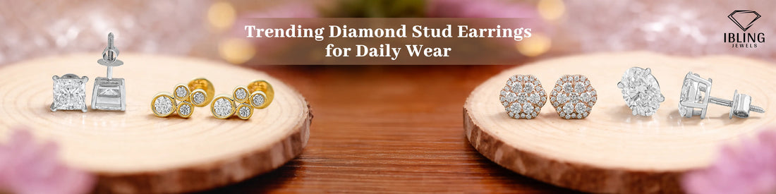 Diamond stud earrings for women in round, princess, and halo styles for daily wear by iBling Jewels