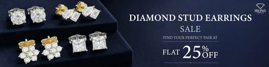 Diamond Stud Earrings Sale offering Flat 25% Off showcasing round diamond studs, princess cut stud earrings, flower cluster earrings, and toi et moi studs
