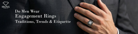 Man wearing a diamond black and white engagement ring for a guide to men’s engagement ring traditions and etiquette.