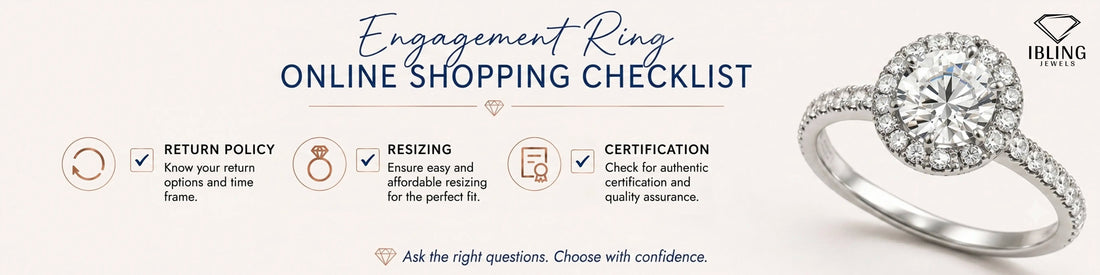 Engagement ring online shopping checklist featuring round halo diamond ring with return policy, resizing and certification buying guide.