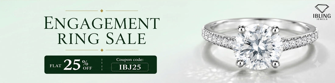 iBling Jewels Engagement ring sale banner featuring round diamond solitaire engagement ring with pave diamond band at flat 25% off discount.