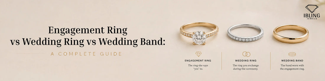 Engagement ring vs wedding ring vs wedding band comparison guide showing the differences between rings and band styles and their meanings.