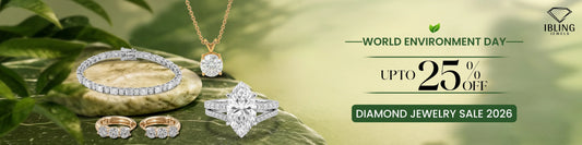 World Environment Day diamond jewelry sale 2026 with up to 25% off on ethical diamond engagement rings, white gold tennis bracelets, diamond pendant with gold chain and huggie earrings.