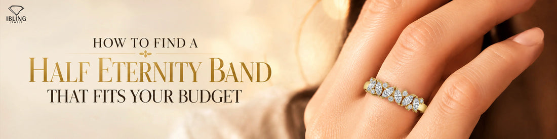 Half eternity diamond band with marquise and round diamonds in yellow gold, showcasing an affordable eternity ring style for every budget.