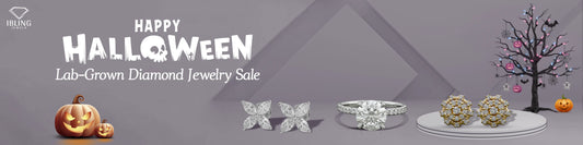 Lab-grown diamond studs and solitaire ring Halloween jewelry sale by Ibling Jewels.