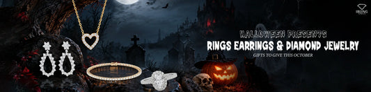 Halloween jewelry gifts for her ideas, featuring diamond engagement ring, drop earrings, tennis bracelet and heart necklace against a spooky background with full moon with ghosts, a jack-o'-lantern, a black cat, and a skull.