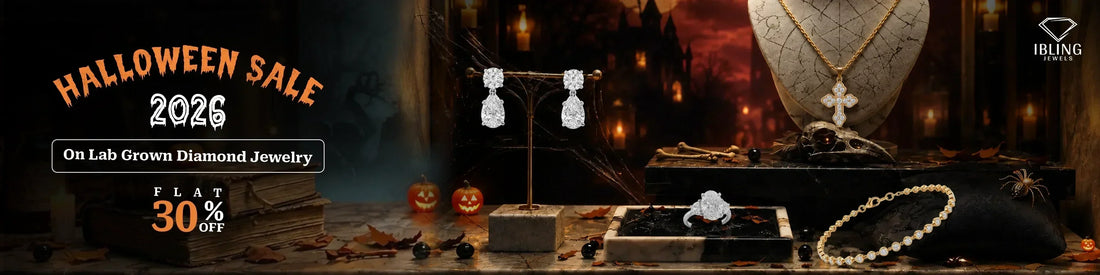 Halloween Sale 2026 featuring lab grown diamond earrings, engagement ring, cross necklace and diamond bracelet with 30% off at Ibling Jewels.