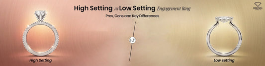 High setting vs low setting engagement ring comparison guide showing high profile and low profile lab grown diamond ring settings by Ibling Jewels.