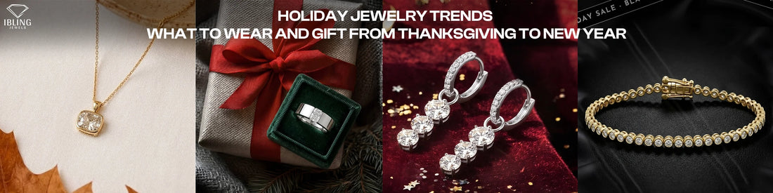 Four panel holiday jewelry banner showing a gold pendant necklace with an autumn leaf, a diamond ring beside a red ribbon-wrapped gift, diamond drop earrings on red velvet, and a gold tennis bracelet on black friday theme.