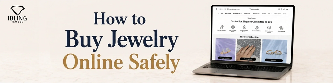 How to Buy Jewelry Online Safely guide with Ibling Jewels website displayed on laptop