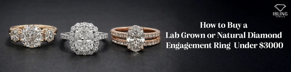 Lab grown vs natural diamond engagement rings under $3000 featuring oval, halo and round diamond rings at iBling Jewels