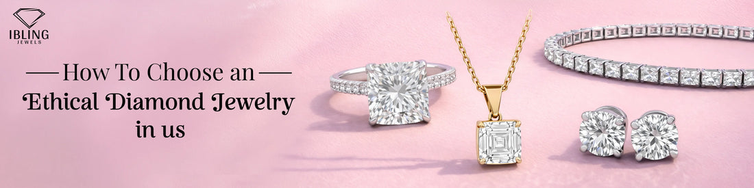 Ethical diamond jewelry in USA featuring lab grown diamond engagement ring, pendant necklace, tennis bracelet and stud earrings