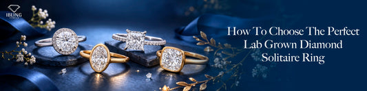 iBling Jewels' lab grown diamond solitaire engagement rings in oval, round, princess and cushion cuts on blue background