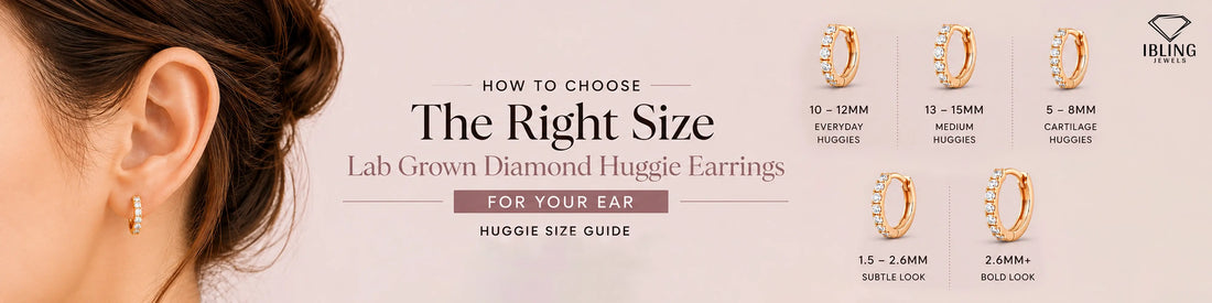 Lab grown diamond huggie earring size guide chart showing diameter sizes from 5mm to 15mm alongside a model wearing a gold huggie hoop.