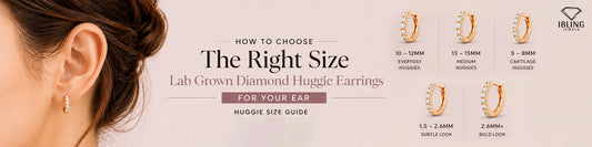 Lab grown diamond huggie earring size guide chart showing diameter sizes from 5mm to 15mm alongside a model wearing a gold huggie hoop.
