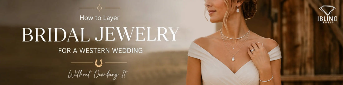 Bride wearing an off-shoulder wedding dress and layered pear diamond necklace with tennis necklace, drop earrings, and a tennis bracelet.