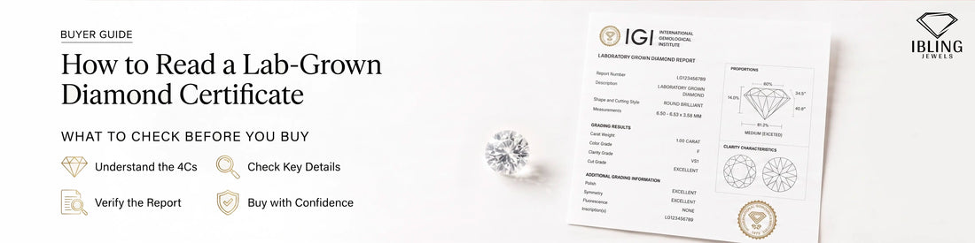 IGI lab-grown diamond certificate with a round brilliant diamond illustrating how to verify a diamond grading report before buying.