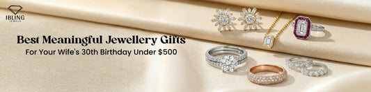 Best jewelry gifts for wife’s 30th birthday under $500 featuring diamond rings, eternity bands, stud earrings, diamond huggie earrings and pendant necklace.