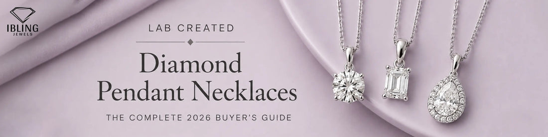 Lab created diamond pendant necklace featuring round diamond pendant, emerald diamond necklace and pear diamond halo pendant in white gold.