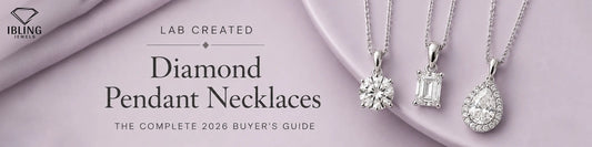 Lab created diamond pendant necklace featuring round diamond pendant, emerald diamond necklace and pear diamond halo pendant in white gold.