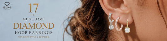 Woman wearing silver, rose gold, and yellow gold diamond earrings featuring drop hoop earrings, huggie hoop earrings.