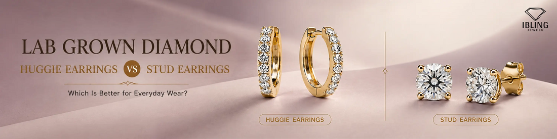 Round diamond huggie earrings vs round diamond stud earrings in yellow gold side-by-side comparison by Ibling Jewels.
