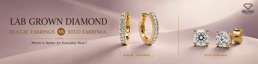 Round diamond huggie earrings vs round diamond stud earrings in yellow gold side-by-side comparison by Ibling Jewels.