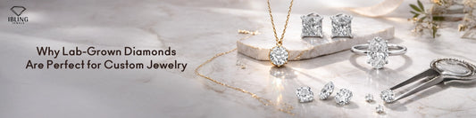 Custom lab grown diamond jewelry featuring oval engagement ring, princess cut stud earrings, round pendant necklace and loose stones