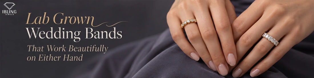 Lab grown diamond wedding bands worn on both hands with yellow gold diamond band on right hand and white gold eternity band on left hand. 