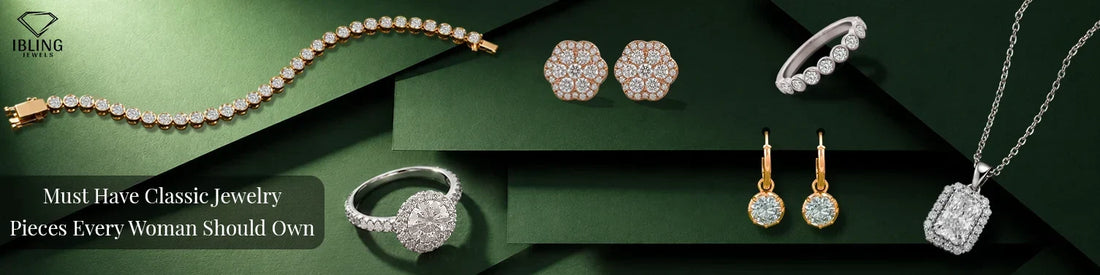 Must have classic jewelry featuring tennis bracelet, round diamond halo engagement ring, flower stud earrings, yellow gold hoop earrings, emerald cut halo pendant and bezel set eternity band for women.