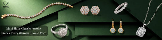 Must have classic jewelry featuring tennis bracelet, round diamond halo engagement ring, flower stud earrings, yellow gold hoop earrings, emerald cut halo pendant and bezel set eternity band for women.