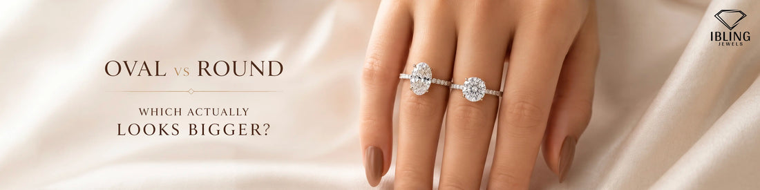 Oval vs round engagement ring comparison showing which diamond shape looks bigger on the finger