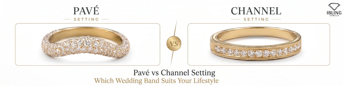 Image show pavé vs channel set wedding bands comparison to help choose the best ring style.