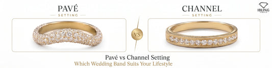 Image show pavé vs channel set wedding bands comparison to help choose the best ring style.