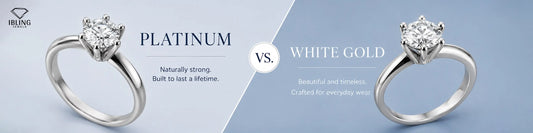 Platinum vs white gold diamond ring comparison featuring round solitaire engagement rings.