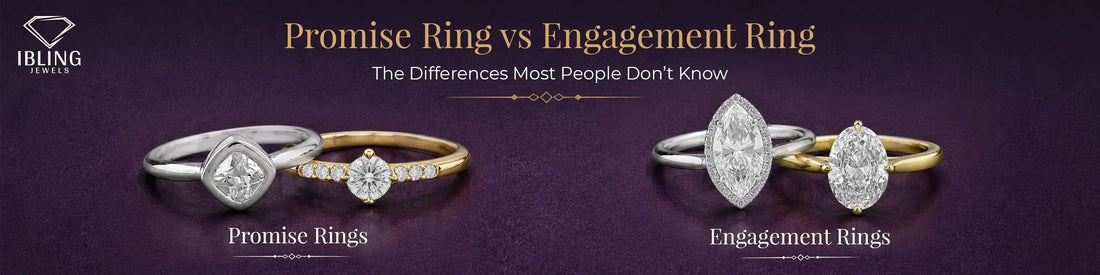Promise ring vs engagement ring comparison featuring bezel set cushion cut ring and round promise ring alongside marquise halo diamond ring and oval solitaire engagement ring.