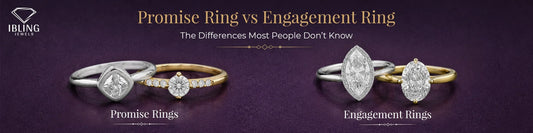 Promise ring vs engagement ring comparison featuring bezel set cushion cut ring and round promise ring alongside marquise halo diamond ring and oval solitaire engagement ring.