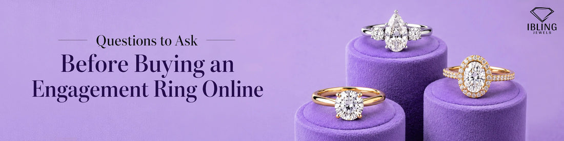 Image showing pear 3 stone ring, round diamond solitaire engagement ring and oval diamond halo ring on podium with online engagement ring buying guide.