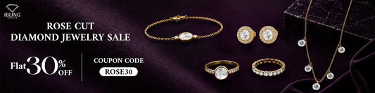 Flat 30% off rose cut diamond jewelry sale featuring rose cut diamond rings, halo stud earrings, three stone chain bracelet and station necklace.