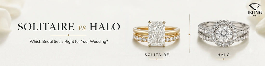 Solitaire vs halo bridal sets featuring radiant cut solitaire engagement ring with wedding band and round halo diamond wedding set for women.