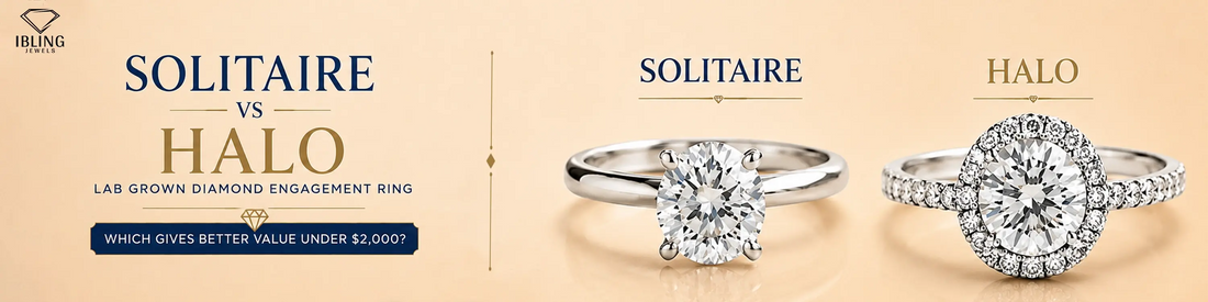 Solitaire vs halo lab grown diamond engagement rings comparison for the best value under $2,000.